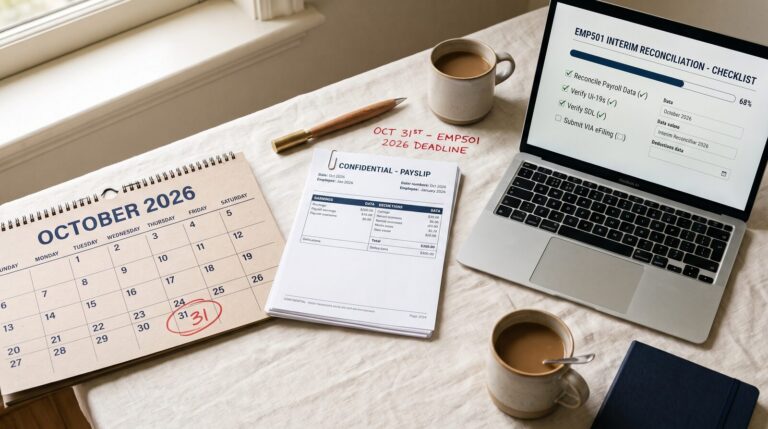 EMP501 interim reconciliation checklist open on a laptop beside an October 2026 calendar with the 31st circled, a payslip and coffee on a desk