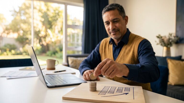 Business owner stacking coins beside a laptop and a hand-drawn upward growth chart, planning a voluntary provisional tax top-up payment