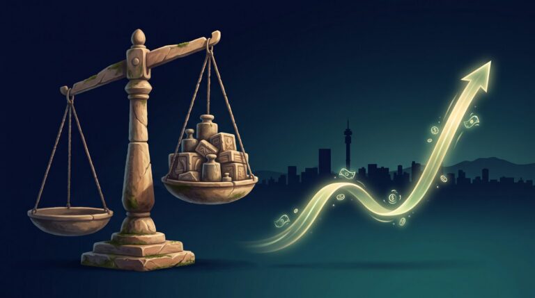 Conceptual illustration of a stone balance scale weighing interest rate costs against a glowing upward growth arrow over a Johannesburg skyline