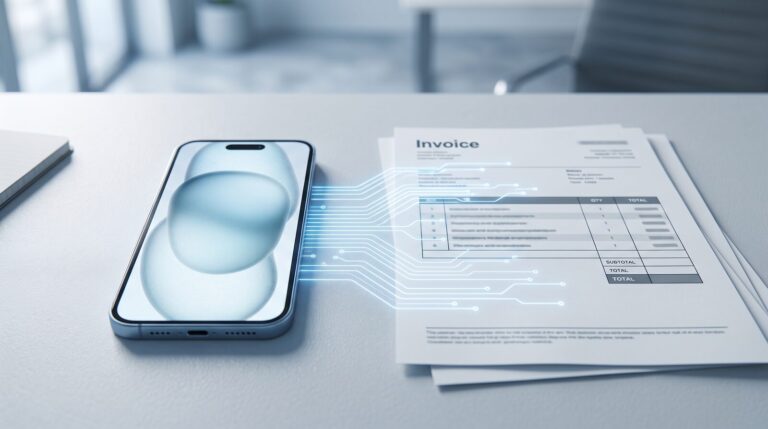 Smartphone on a desk transmitting invoice data along glowing digital circuit lines to a printed invoice, illustrating SARS e-invoicing and near-real-time VAT reporting