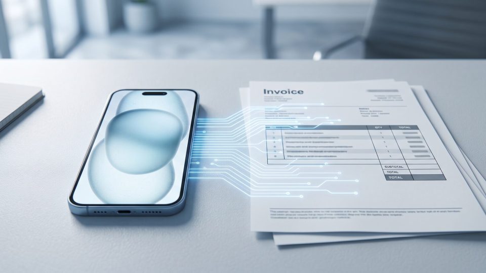 Smartphone on a desk transmitting invoice data along glowing digital circuit lines to a printed invoice, illustrating SARS e-invoicing and near-real-time VAT reporting